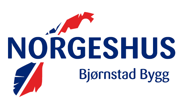 Logoen til Bjørnstad Bygg i Rakkestad vises i kombinasjon med omrisset av Norge i blått og hvitt, og teksten Norgeshus.